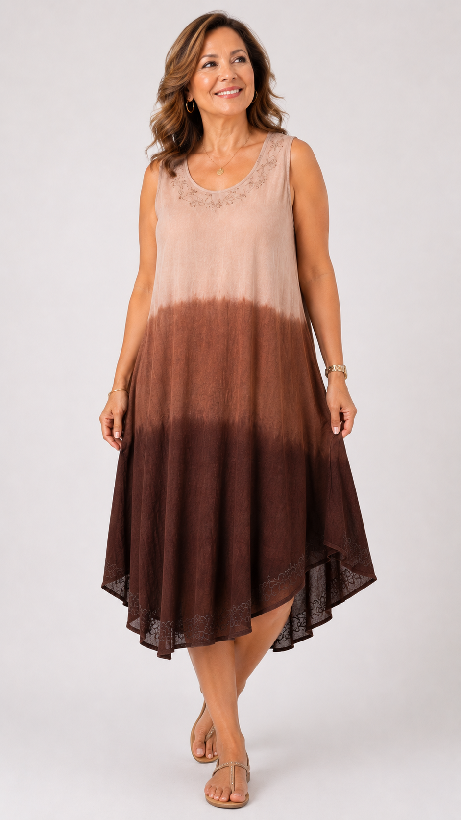 La Marey Ombre Tie Dye Umbrella Dress with Embroidered Neck & Hem (One Size, 10-22) - Chocolate_8420970