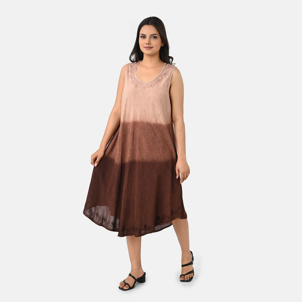 La Marey Ombre Tie Dye Umbrella Dress with Embroidered Neck & Hem (One Size, 10-22) - Chocolate_8420970_3
