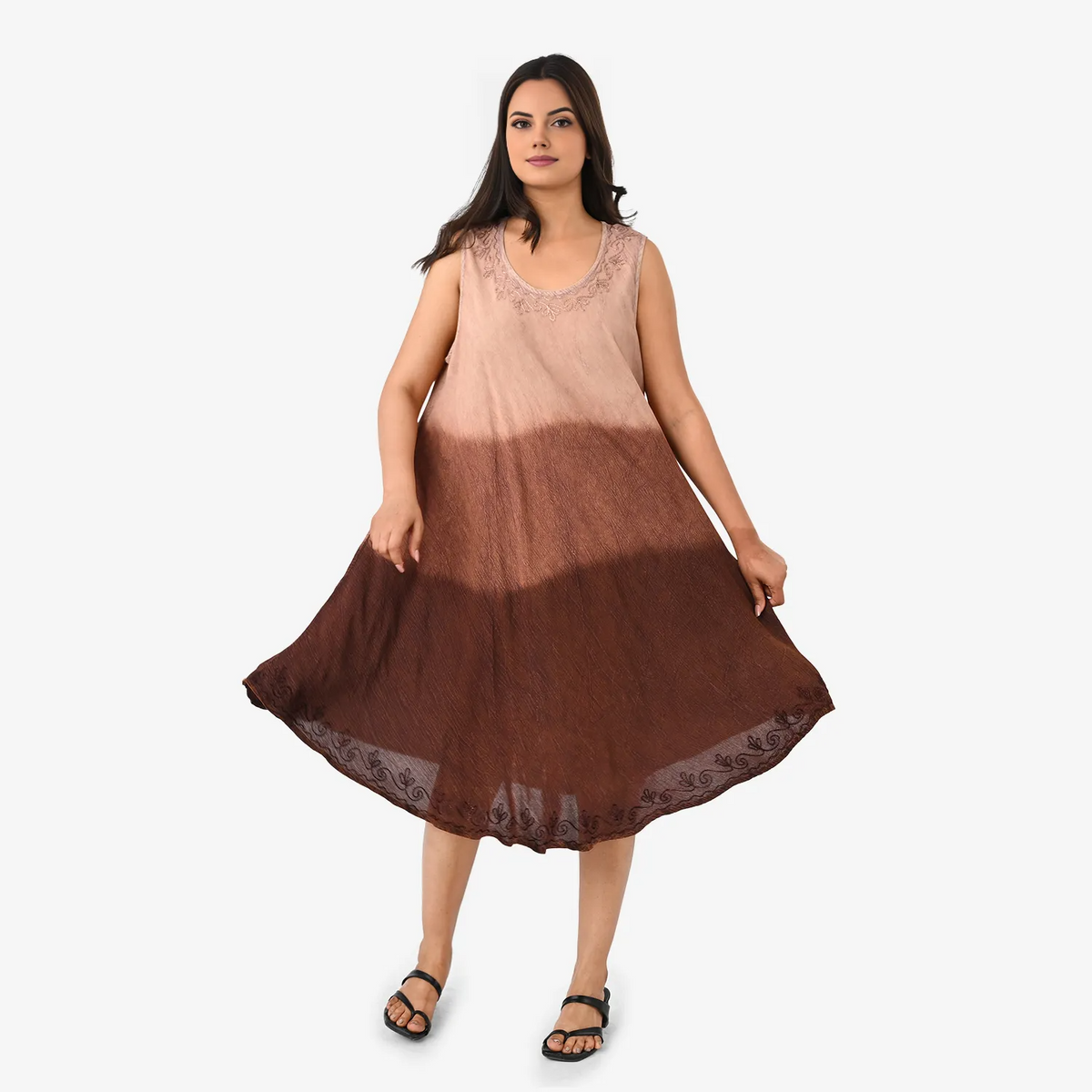 La Marey Ombre Tie Dye Umbrella Dress with Embroidered Neck &amp; Hem (One Size, 10-22) - Chocolate V32605202 5