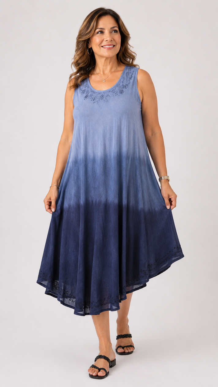 La Marey Ombre Tie Dye Umbrella Dress with Embroidered Neck &amp; Hem (One Size, 10-22) - Blue V32646329 1