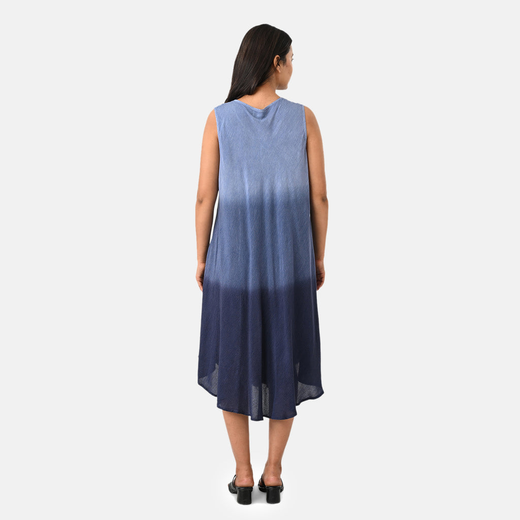 La Marey Ombre Tie Dye Umbrella Dress with Embroidered Neck & Hem (One Size, 10-22) - Blue_8420971_2