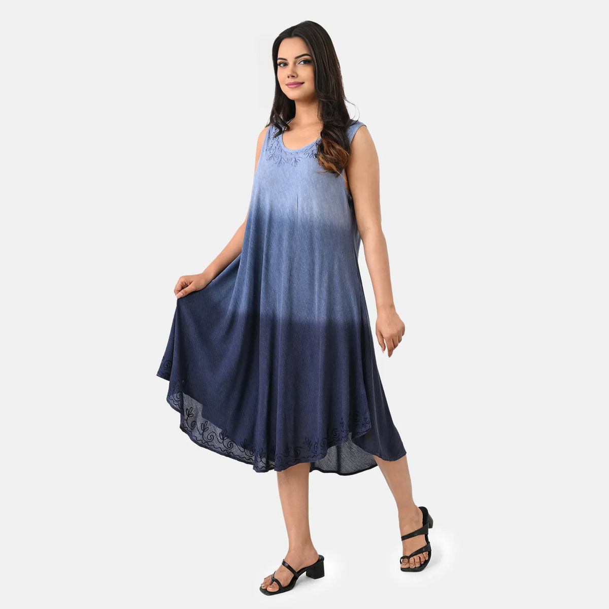 La Marey Ombre Tie Dye Umbrella Dress with Embroidered Neck &amp; Hem (One Size, 10-22) - Blue V32652305 4