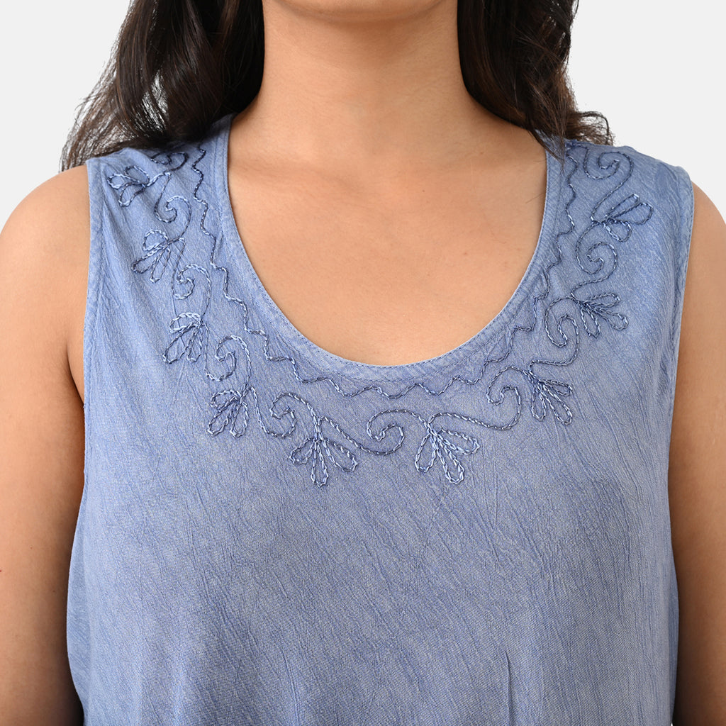 La Marey Ombre Tie Dye Umbrella Dress with Embroidered Neck & Hem (One Size, 10-22) - Blue_8420971_5