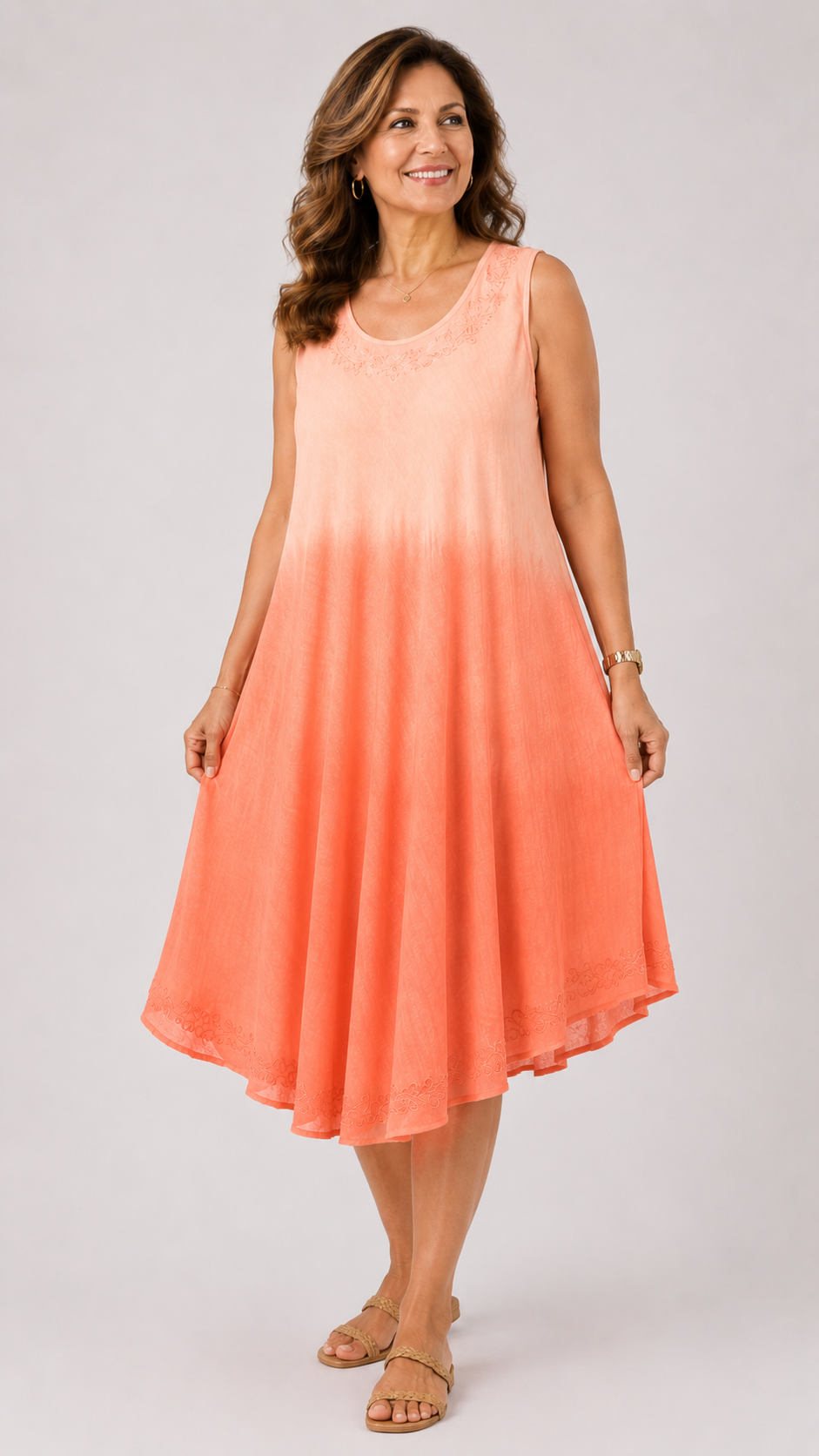 La Marey Ombre Tie Dye Umbrella Dress with Embroidered Neck &amp; Hem (One Size, 10-22) - Coral 8420972 0