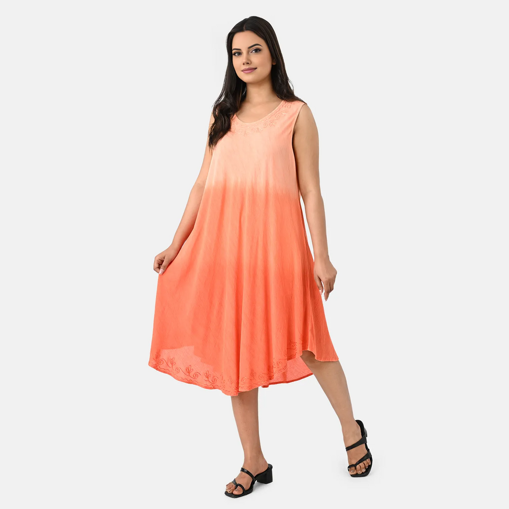 La Marey Ombre Tie Dye Umbrella Dress with Embroidered Neck & Hem (One Size, 10-22) - Coral_8420972_3