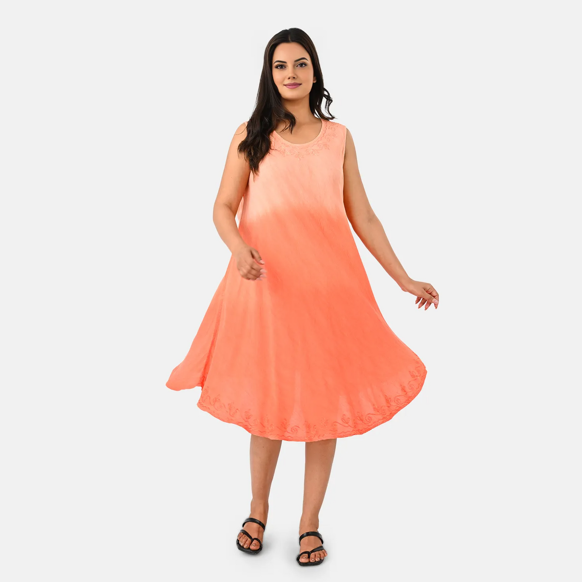 La Marey Ombre Tie Dye Umbrella Dress with Embroidered Neck &amp; Hem (One Size, 10-22) - Coral 8420972 5