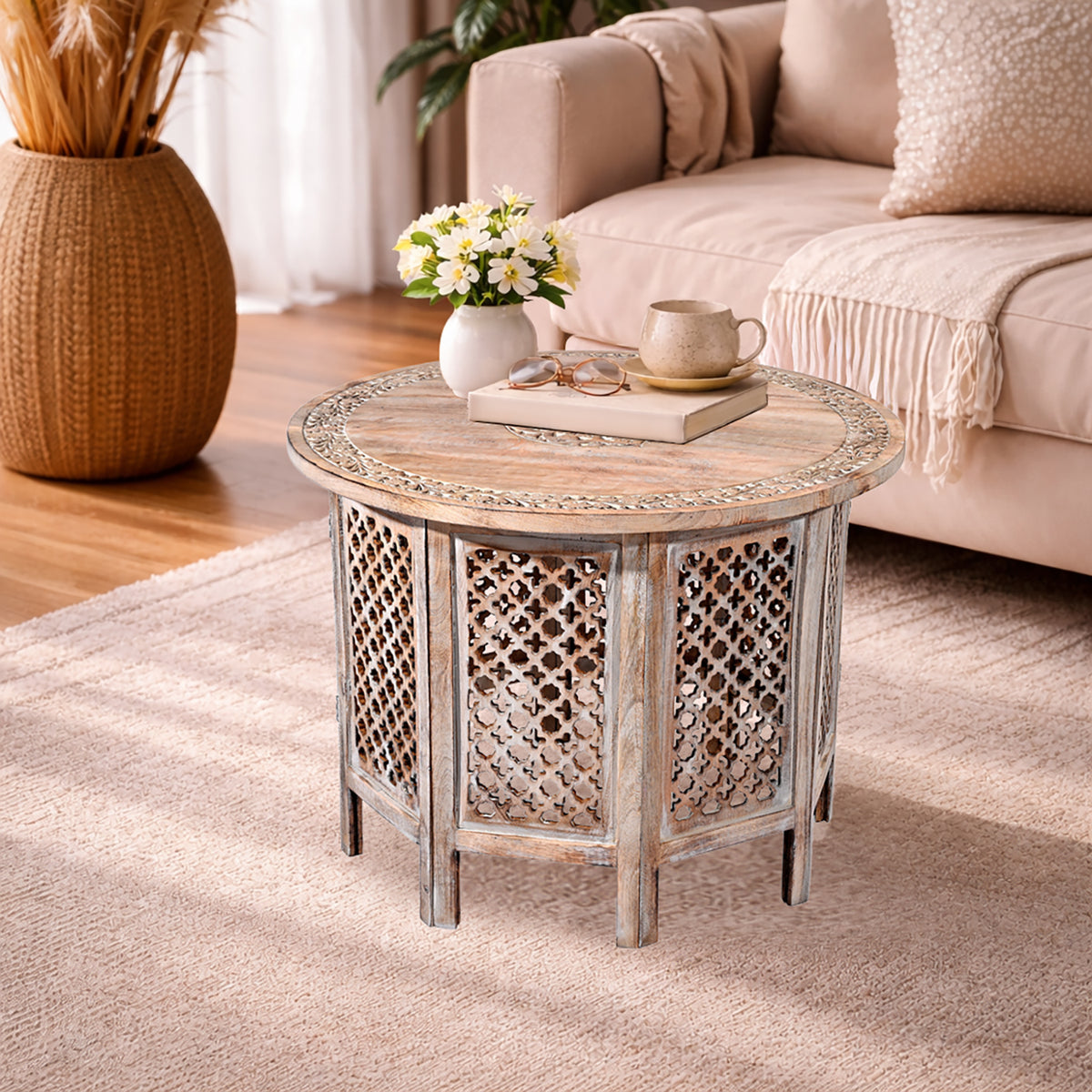 Wooden Hand Carved Round Coffee Table (68 x 68 x 51 cm) V32520997 2