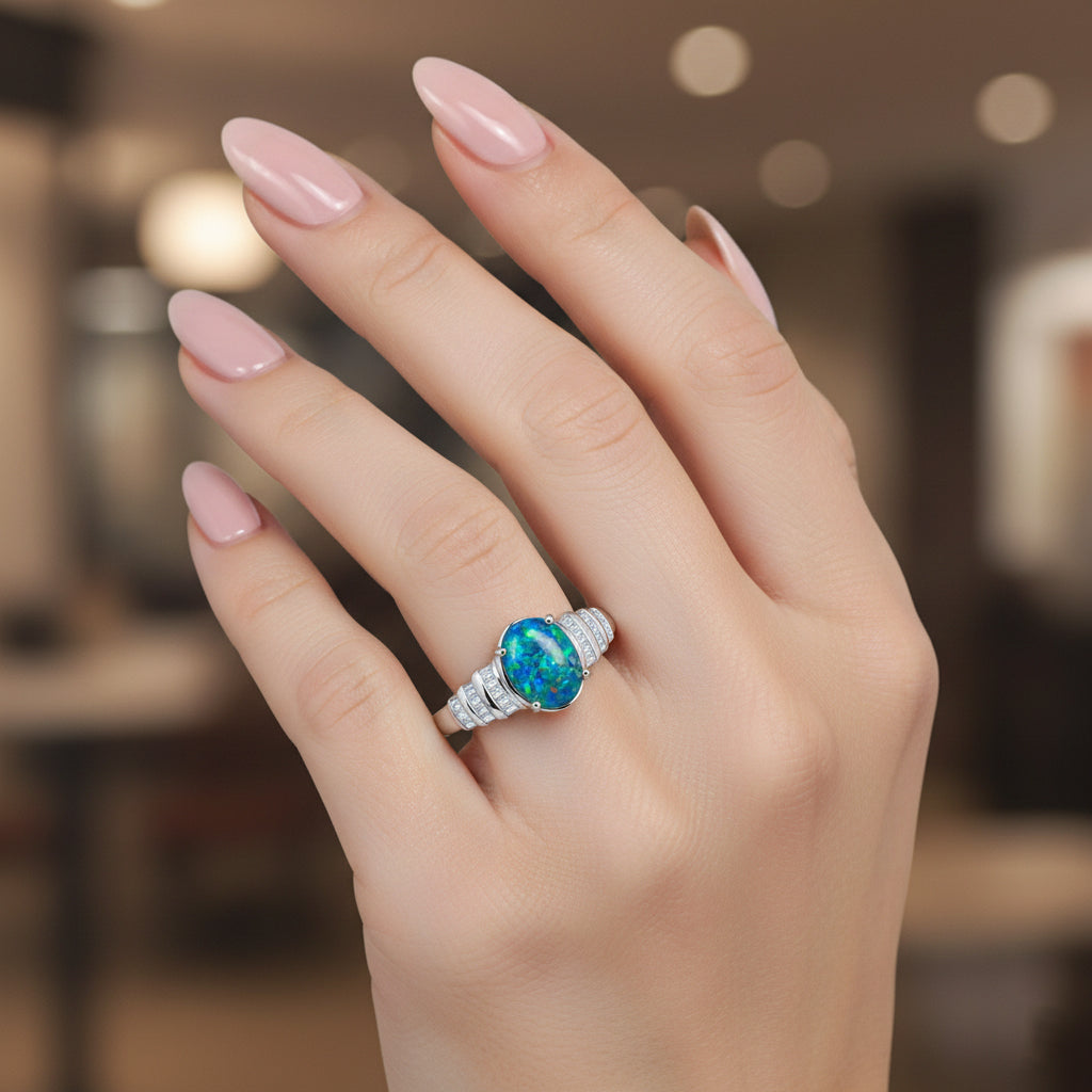 Close Out Deal- D'Joy Australian Boulder Opal and Moissanite Ring in Rhodium Overlay Sterling Silver 1.68 Ct. V32513071 2