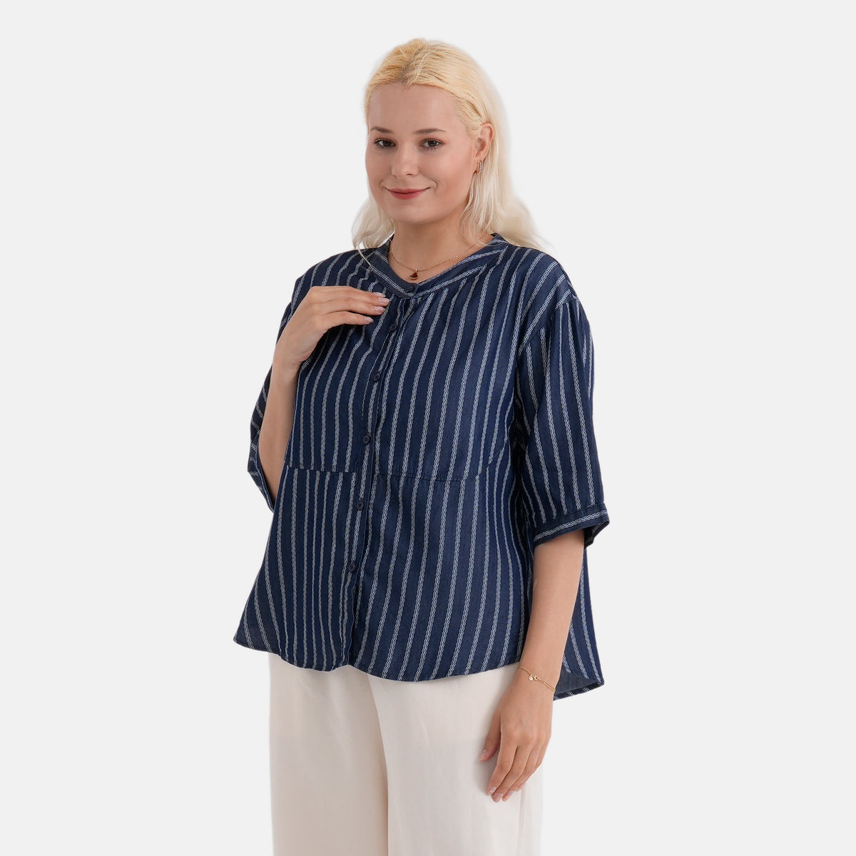 La Marey Striped Lyocell Denim Smock Top (Size M, 12 to 14) - Dark Blue V32622221 0