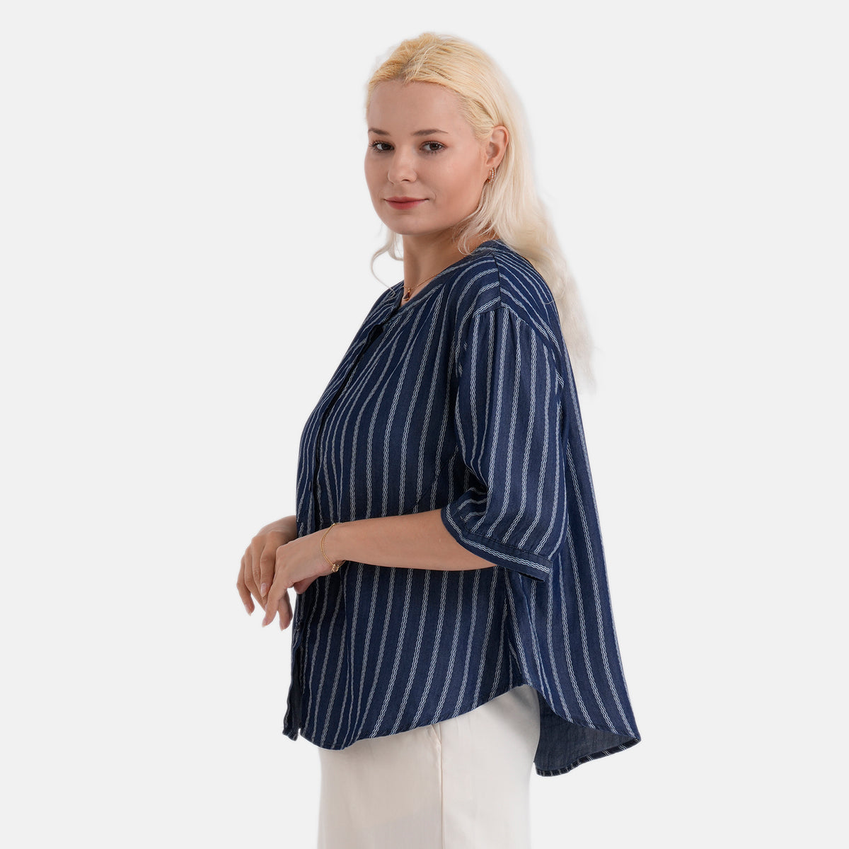 La Marey Striped Lyocell Denim Smock Top (Size M, 12 to 14) - Dark Blue V32622221 4