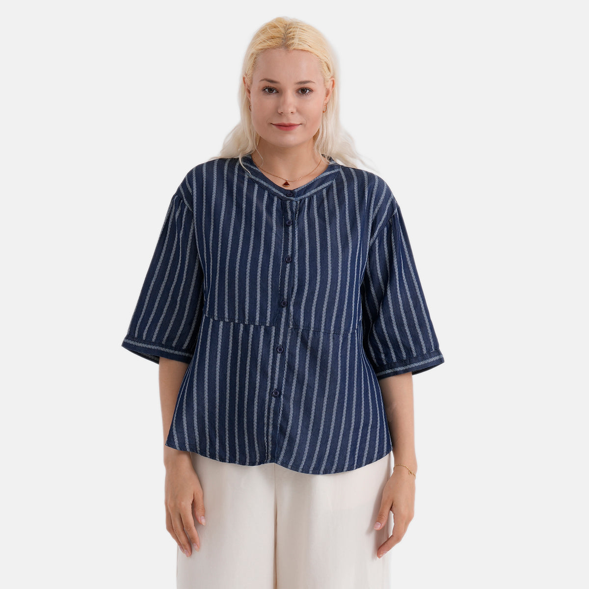 La Marey Striped Lyocell Denim Smock Top (Size M, 12 to 14) - Dark Blue V32622221 5