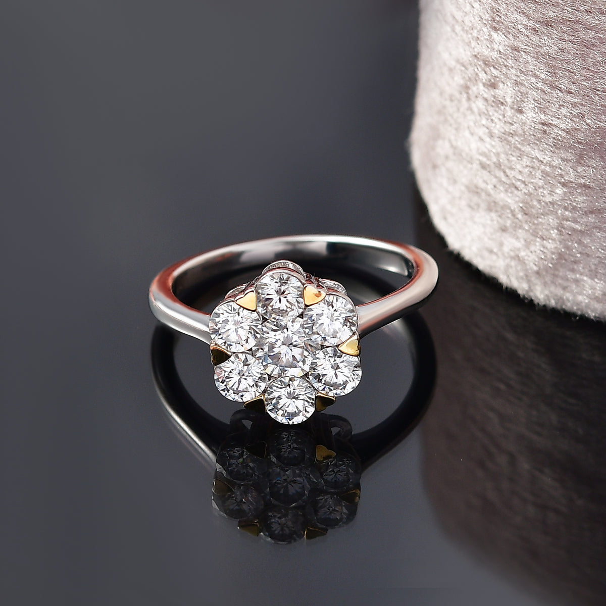 D'Joy Moissanite Floral Ring in Yellow Gold Plated and Platinum Overlay Sterling Silver 1.28 Ct. V32519954 2