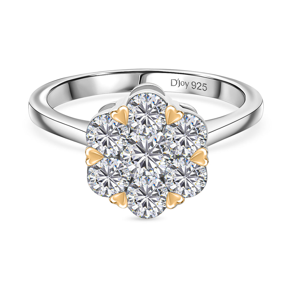 D'Joy Moissanite Floral Ring in Yellow Gold Plated and Platinum Overlay Sterling Silver 1.28 Ct._8421715