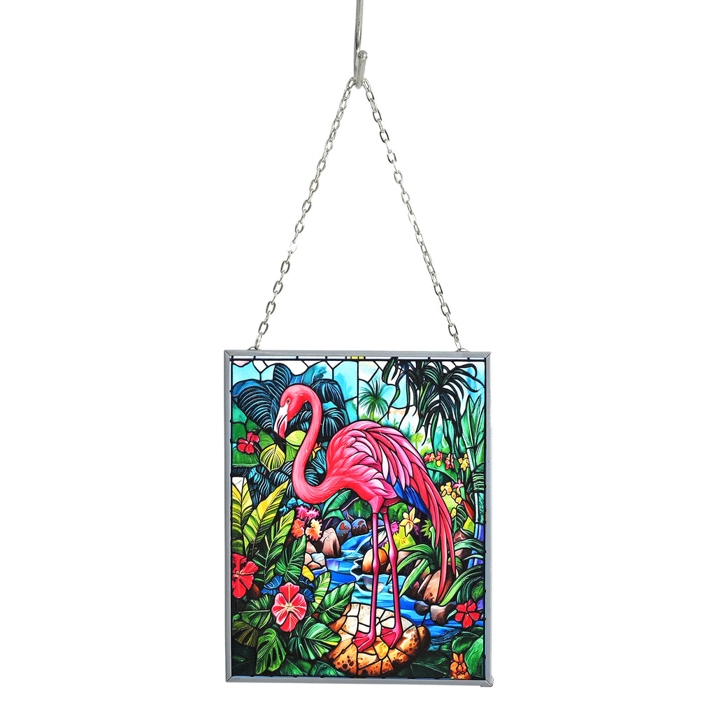 Multicolour Flower & Flamingo Glass Suncatcher Rectangle Pendant with Silver Hanging Chain & Frame (12x15cm)_8421804