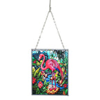 Multicolour Flower & Flamingo Glass Suncatcher Rectangle Pendant with Silver Hanging Chain & Frame (12x15cm)_8421804