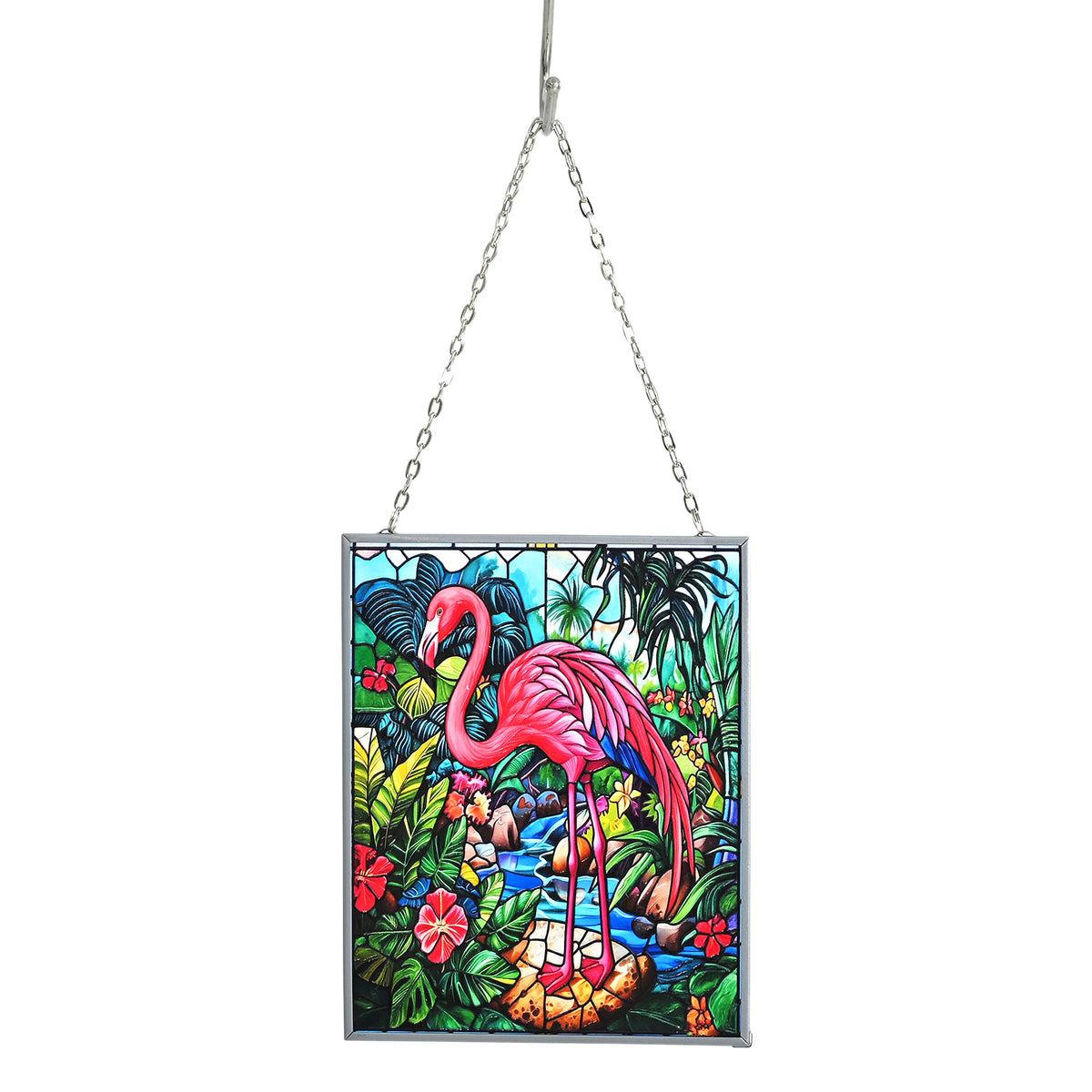 Multicolour Flower &amp; Flamingo Glass Suncatcher Rectangle Pendant with Silver Hanging Chain &amp; Frame (12x15cm) V32637640 0