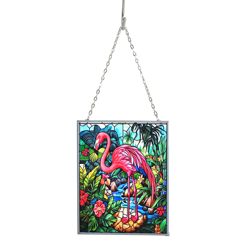 Multicolour Flower & Flamingo Glass Suncatcher Rectangle Pendant with Silver Hanging Chain & Frame (12x15cm)_8421804