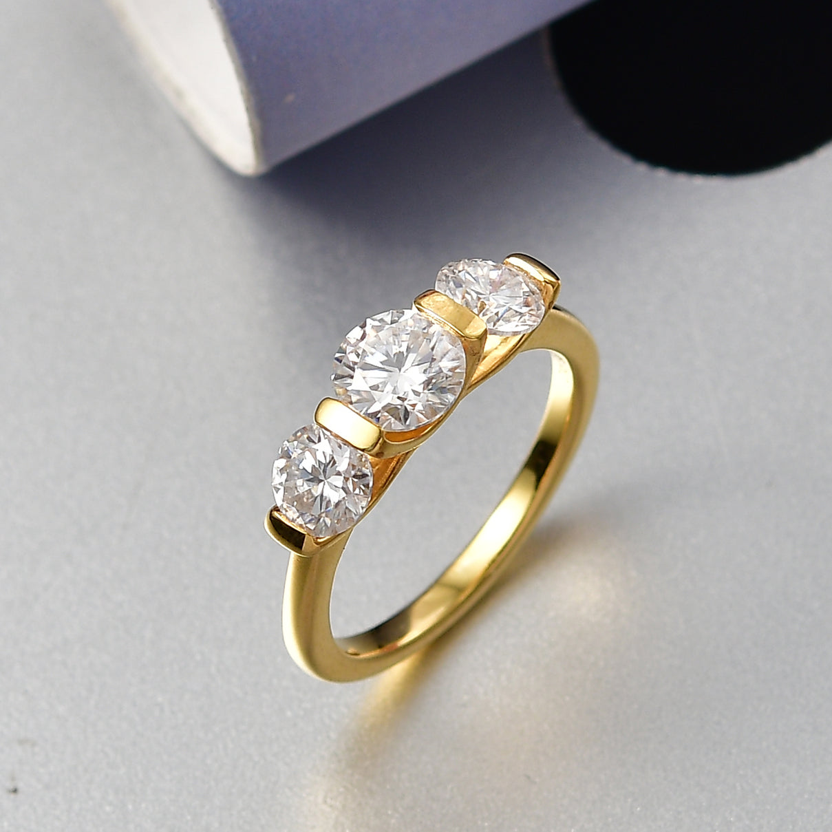 D'Joy Moissanite 3 Stone Ring in Yellow Gold Plated Sterling Silver 1.71 Ct. 8421890 1