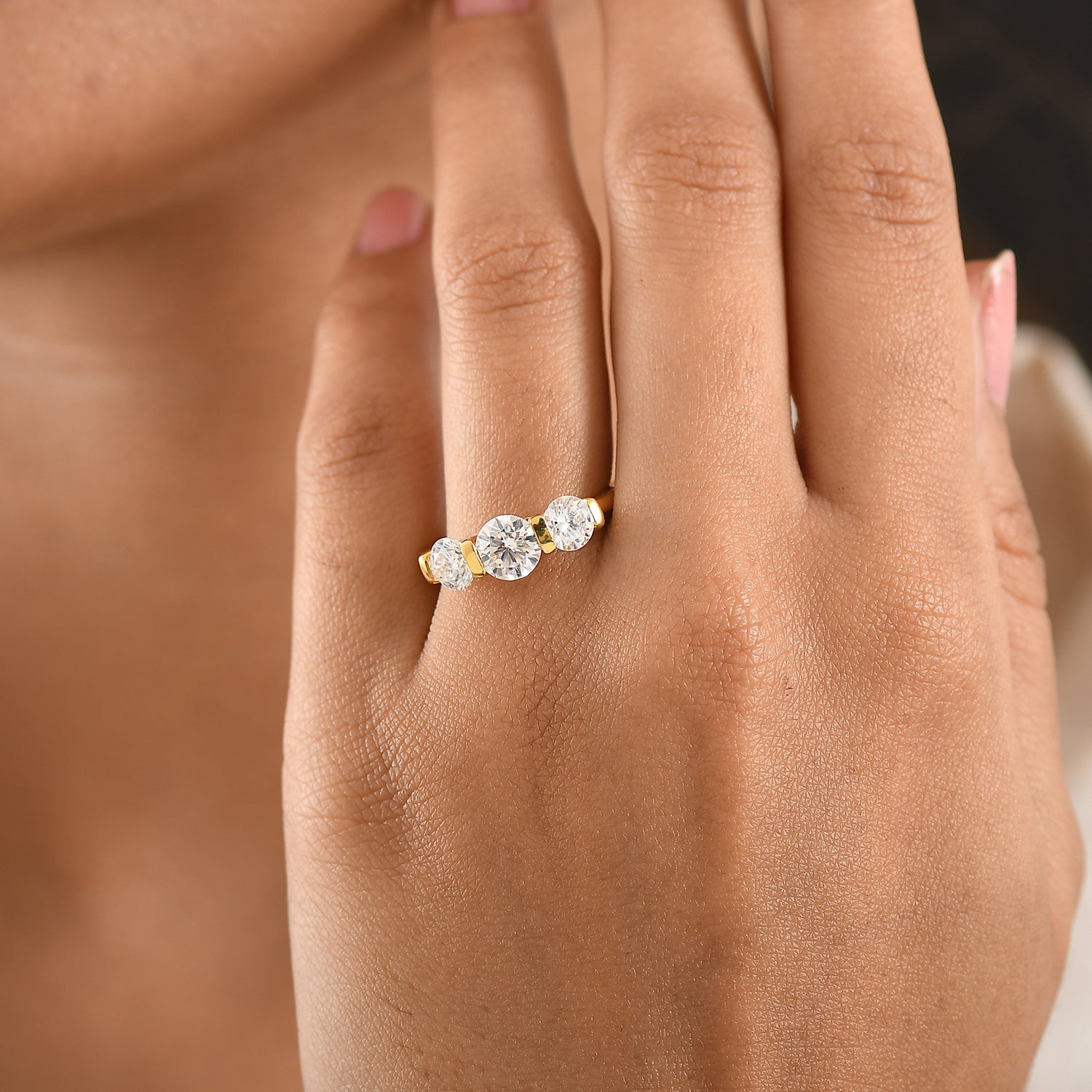 D'Joy Moissanite 3 Stone Ring in Yellow Gold Plated Sterling Silver 1.71 Ct. 8421890 2