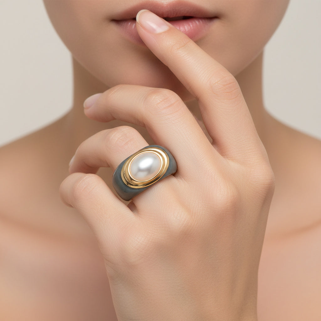 D'Joy White Mabe Pearl &amp; Natural Jadeite Band Ring in Yellow Gold Plated Sterling Silver 38.80 Ct. V32514753 1