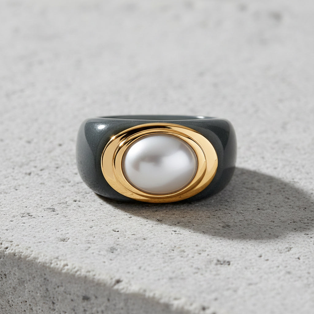 D'Joy White Mabe Pearl & Natural Jadeite Band Ring in Yellow Gold Plated Sterling Silver 38.80 Ct._8422050_2