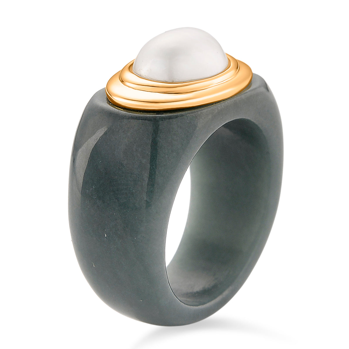 D'Joy White Mabe Pearl &amp; Natural Jadeite Band Ring in Yellow Gold Plated Sterling Silver 38.80 Ct. V32514753 3