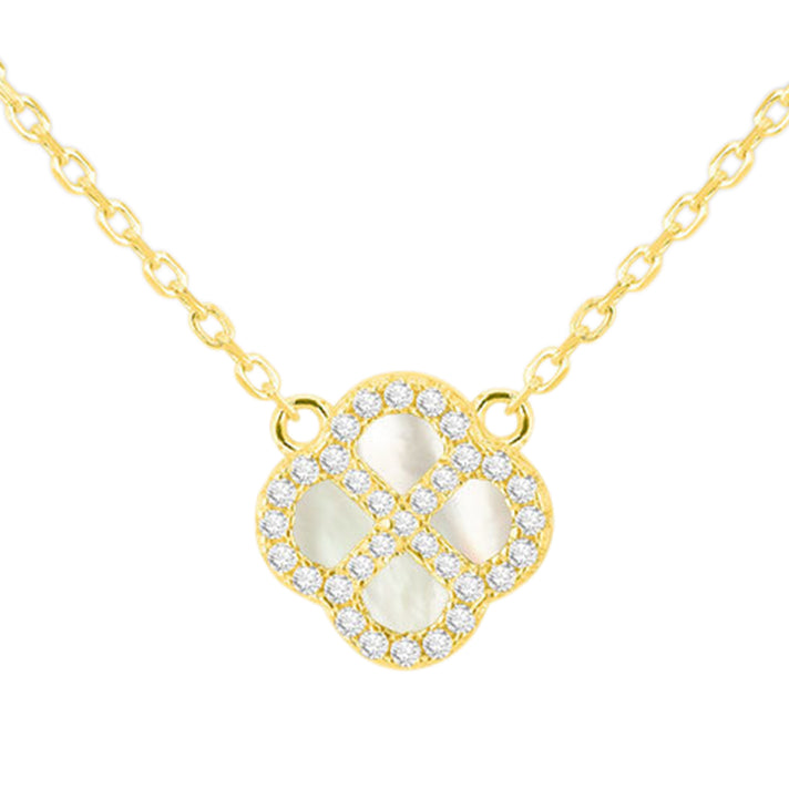 Mother Of Pearl, Cubic Zirconia Clover Reversible Necklace (Size - 18 Inch with Ext) with Lobster Clasp in Gold Plated Sterling Silver 8422388 1