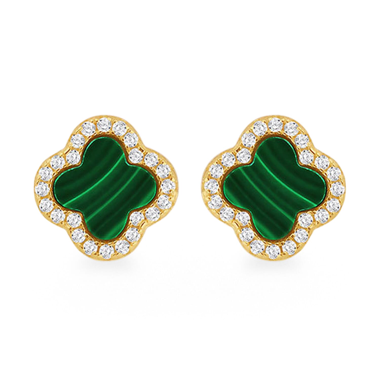 Malachite &amp; Cubic Zirconia Clover Halo Stud Earring in Gold Plated Sterling Silver 8422394 0
