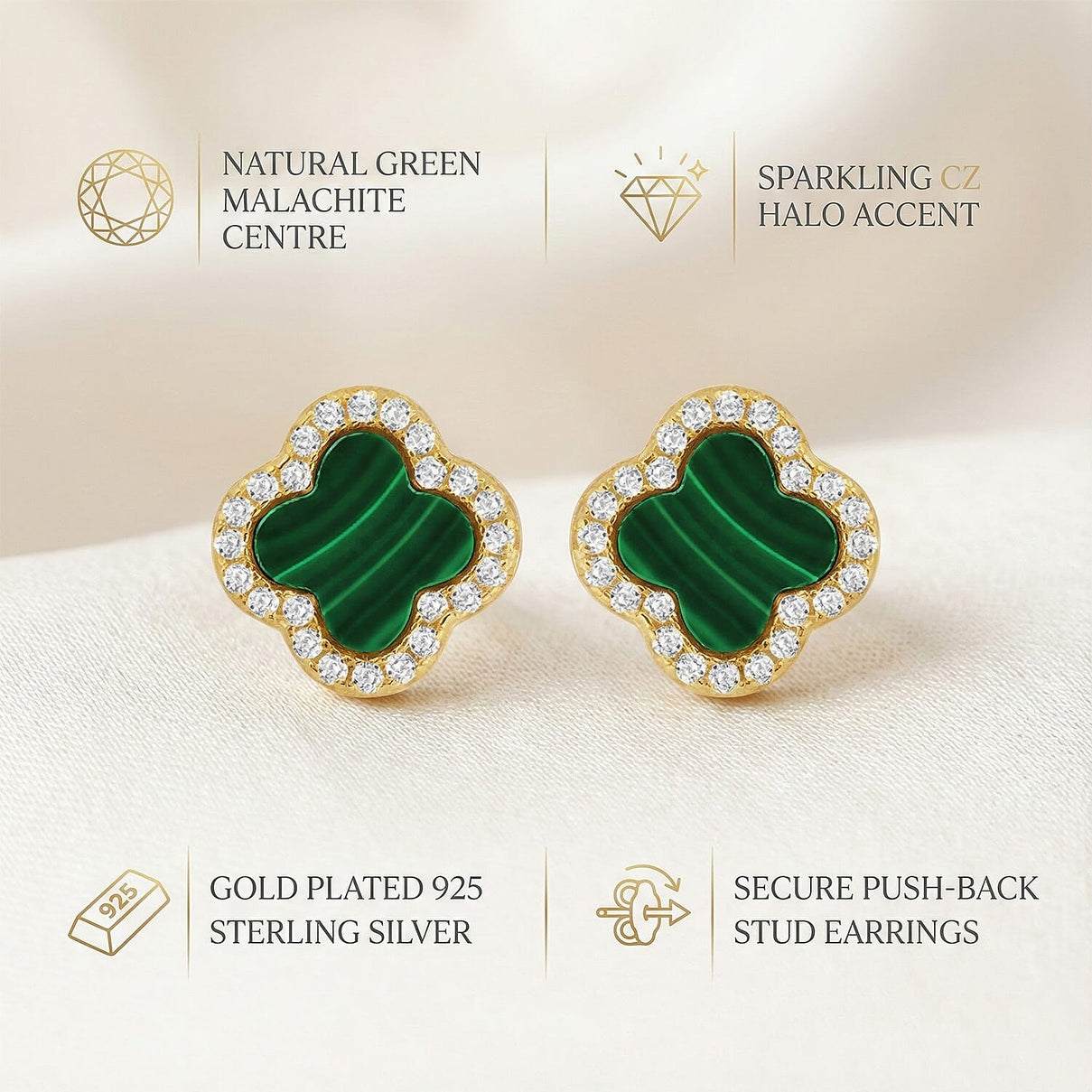 Malachite &amp; Cubic Zirconia Clover Halo Stud Earring in Gold Plated Sterling Silver 8422394 1
