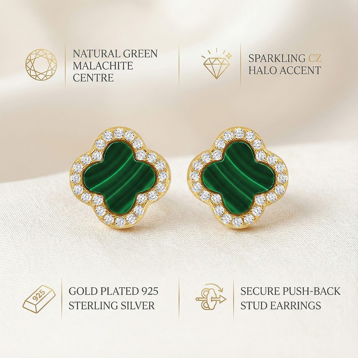 Malachite &amp; Cubic Zirconia Clover Halo Stud Earring in Gold Plated Sterling Silver 8422394 1
