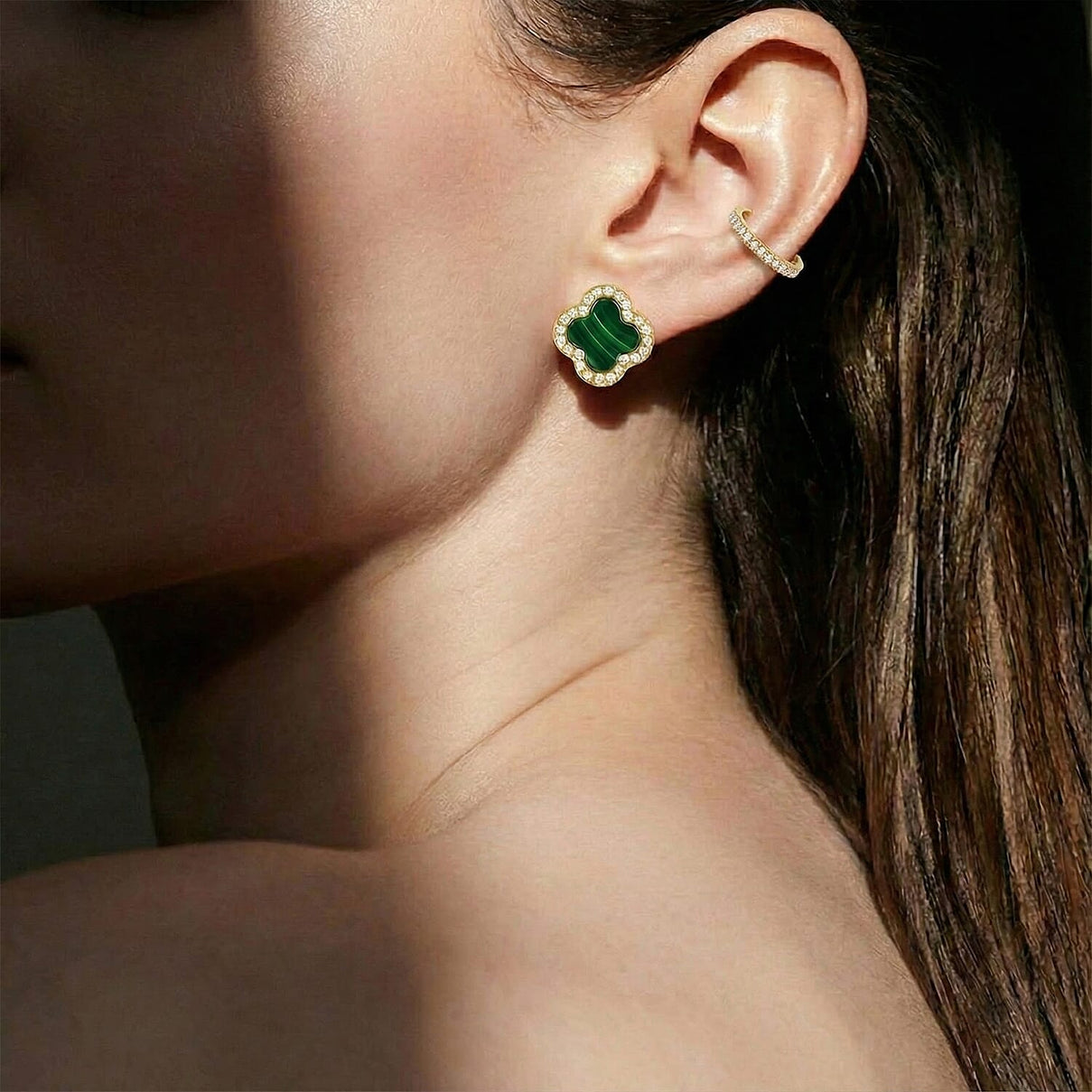 Malachite &amp; Cubic Zirconia Clover Halo Stud Earring in Gold Plated Sterling Silver 8422394 3