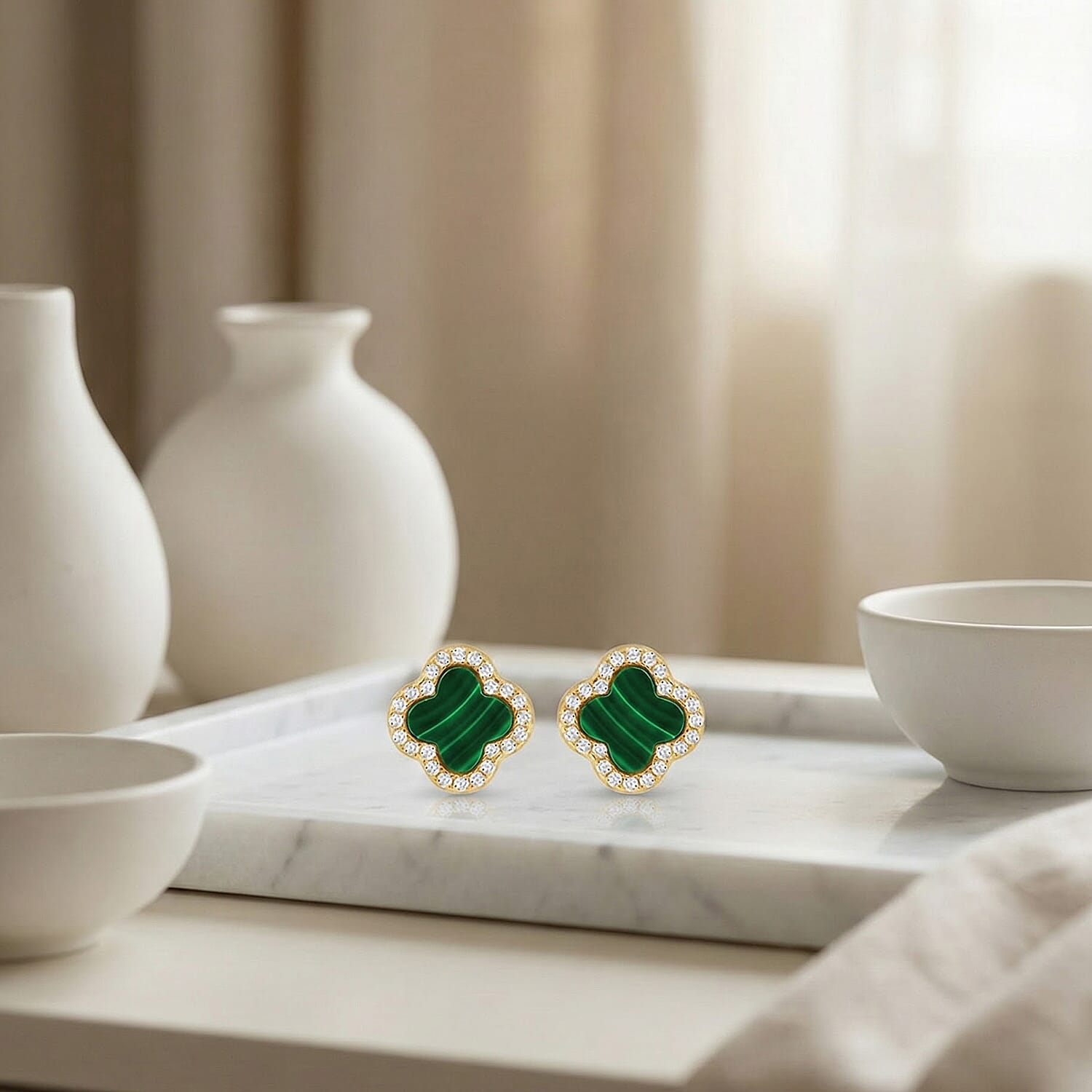 Malachite &amp; Cubic Zirconia Clover Halo Stud Earring in Gold Plated Sterling Silver 8422394 4