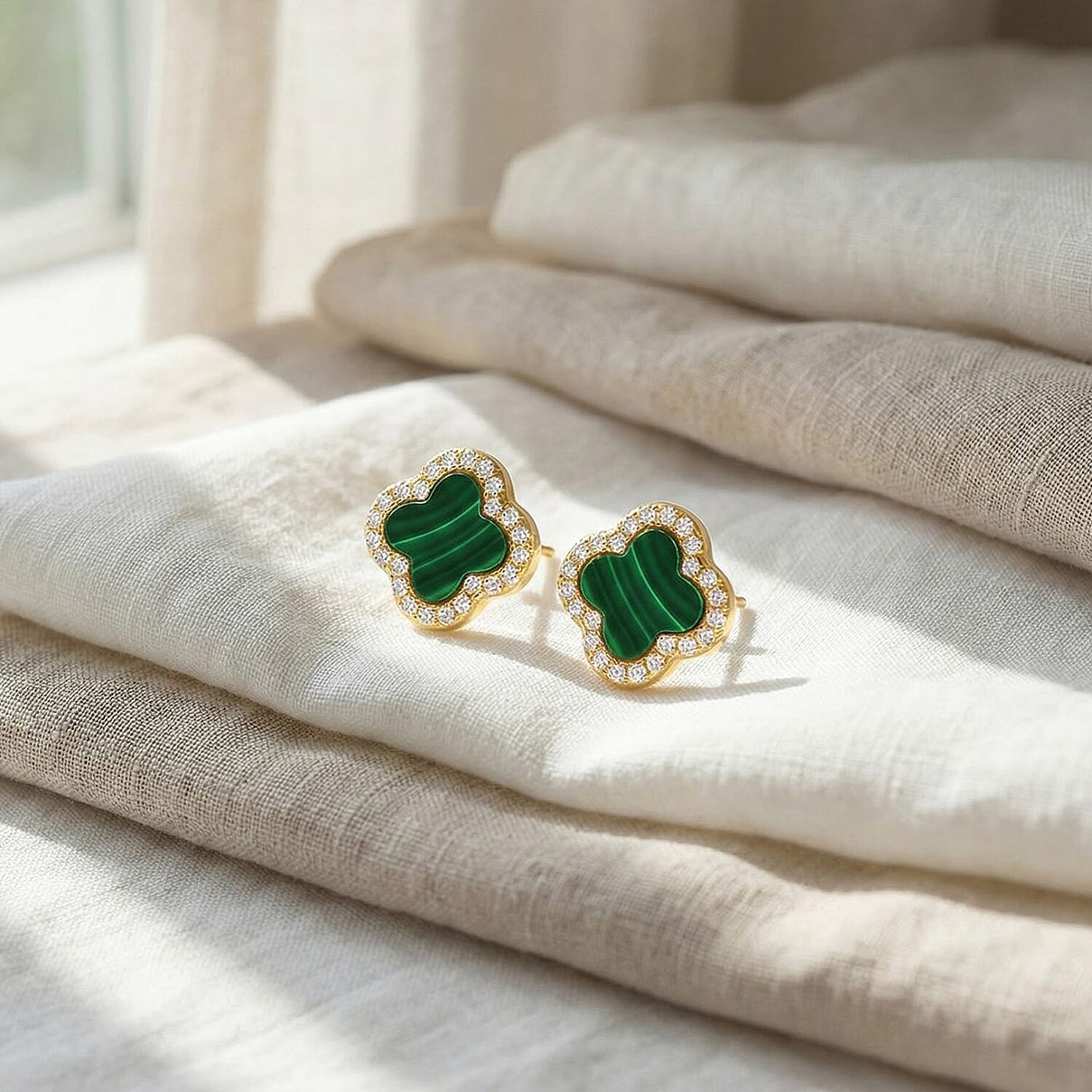 Malachite &amp; Cubic Zirconia Clover Halo Stud Earring in Gold Plated Sterling Silver 8422394 5