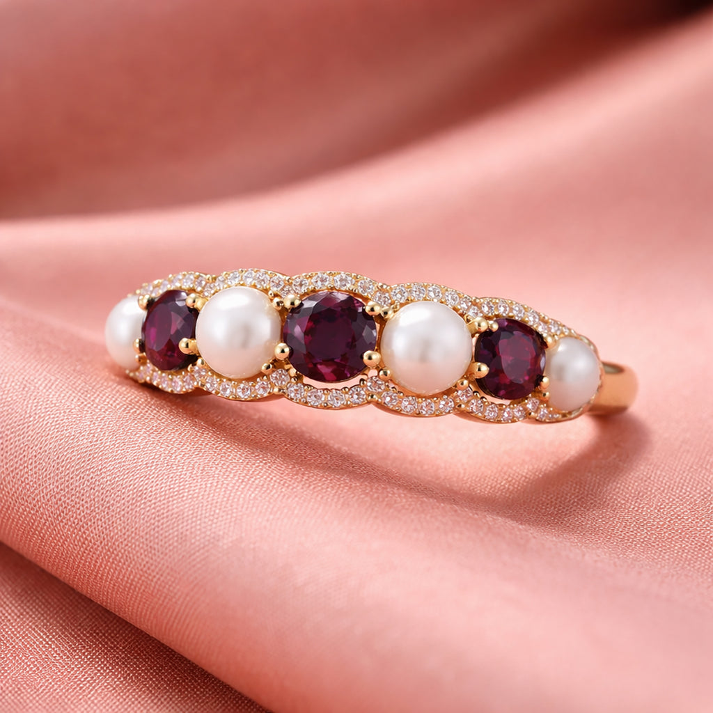 D'Joy Rhodolite Garnet, Zircon & Fresh Water Pearl Ring in Yellow Gold Plated Sterling Silver 3.00 Ct._8422406_1