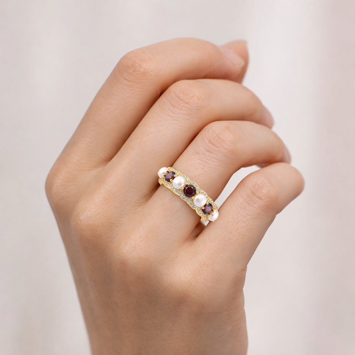 D'Joy Rhodolite Garnet, Zircon &amp; Fresh Water Pearl Ring in Yellow Gold Plated Sterling Silver 3.00 Ct. V32520605 3