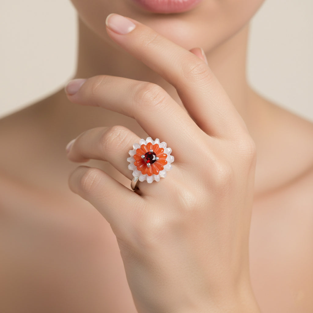 D'Joy Red Garnet, Dyed White Jade &amp; Dyed Red Jade Floral Cluster Ring in Rhodium Overlay Sterling Silver 9.15 Ct. V32514317 3