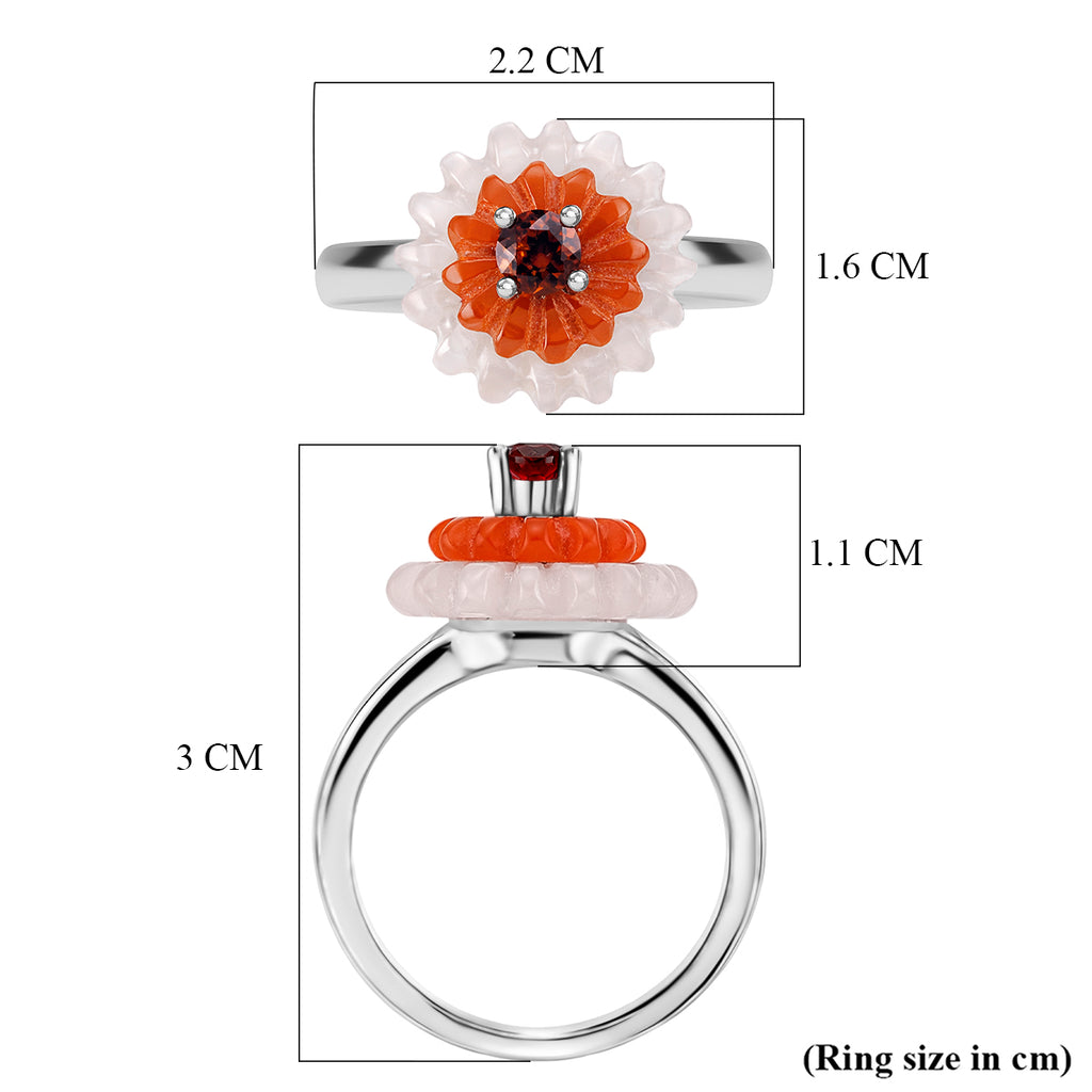D'Joy Red Garnet, Dyed White Jade & Dyed Red Jade Floral Cluster Ring in Rhodium Overlay Sterling Silver 9.15 Ct._8422433_5
