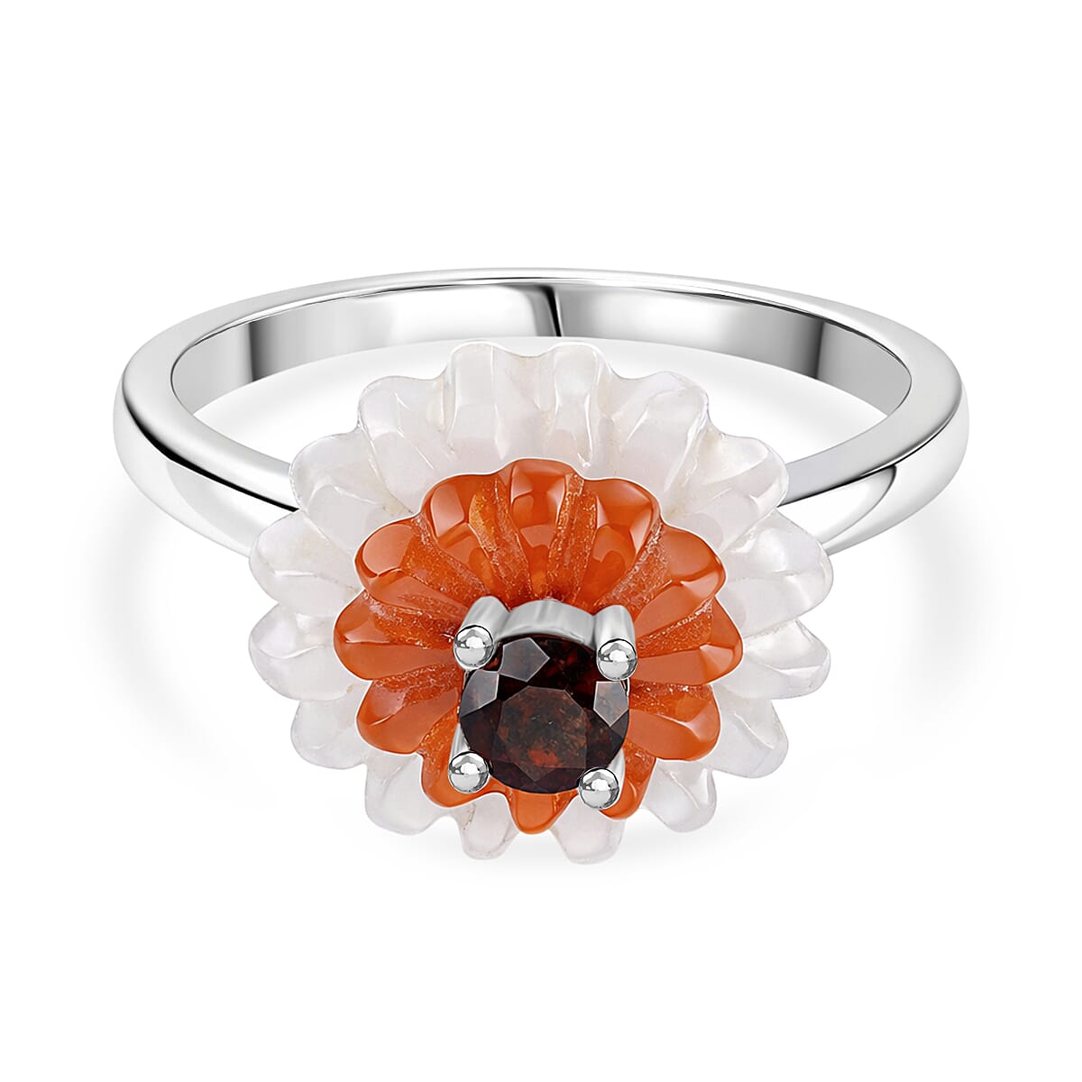 D'Joy Red Garnet, Dyed White Jade &amp; Dyed Red Jade Floral Cluster Ring in Rhodium Overlay Sterling Silver 9.15 Ct. V32524557 0