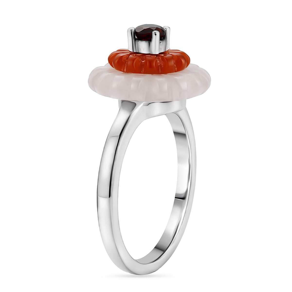 D'Joy Red Garnet, Dyed White Jade &amp; Dyed Red Jade Floral Cluster Ring in Rhodium Overlay Sterling Silver 9.15 Ct. V32524557 4