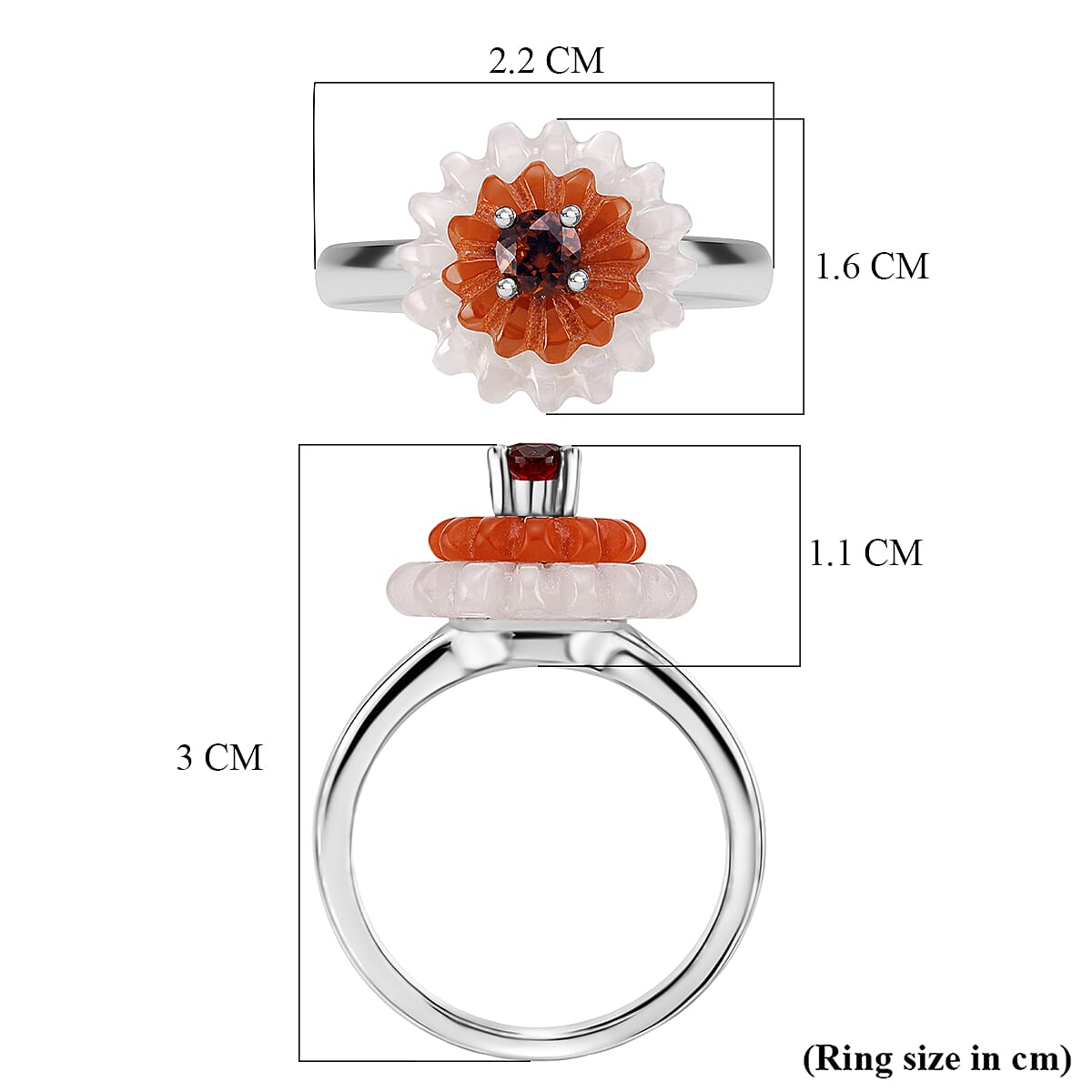 D'Joy Red Garnet, Dyed White Jade &amp; Dyed Red Jade Floral Cluster Ring in Rhodium Overlay Sterling Silver 9.15 Ct. V32524557 6