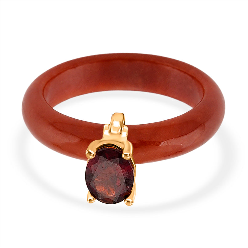 D'Joy Enhanced Red Jade & Rhodolite Garnet Solitaire Band Ring in Yellow Gold Plated Sterling Silver 14.10 Ct._8422442