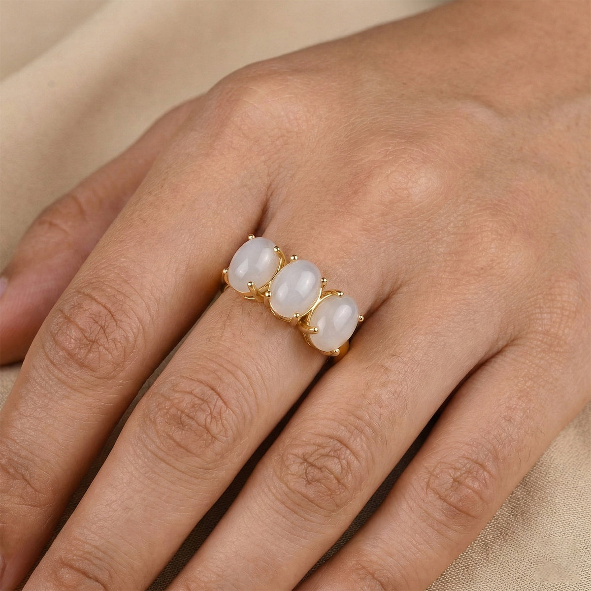 D'Joy Natural White Jade Trilogy Ring in Yellow Gold Plated Sterling Silver 5.00 Ct. V32520258 2