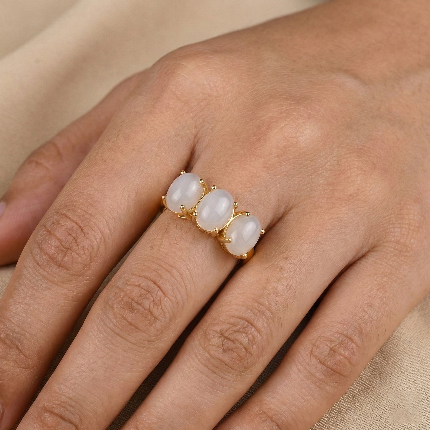 D'Joy Natural White Jade Trilogy Ring in Yellow Gold Plated Sterling Silver 5.00 Ct. V32513884 2