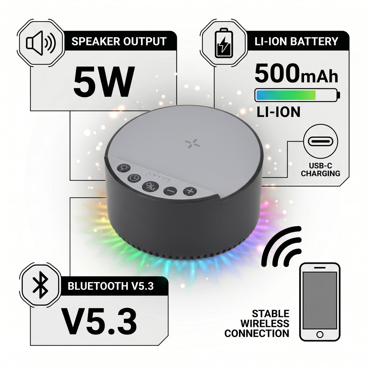 Bliss &amp; Beyond 5-in-1 Wireless Charger Stand with Bluetooth Speaker &amp; RGB Sleep Sound Light - White &amp; Black V32512805 4