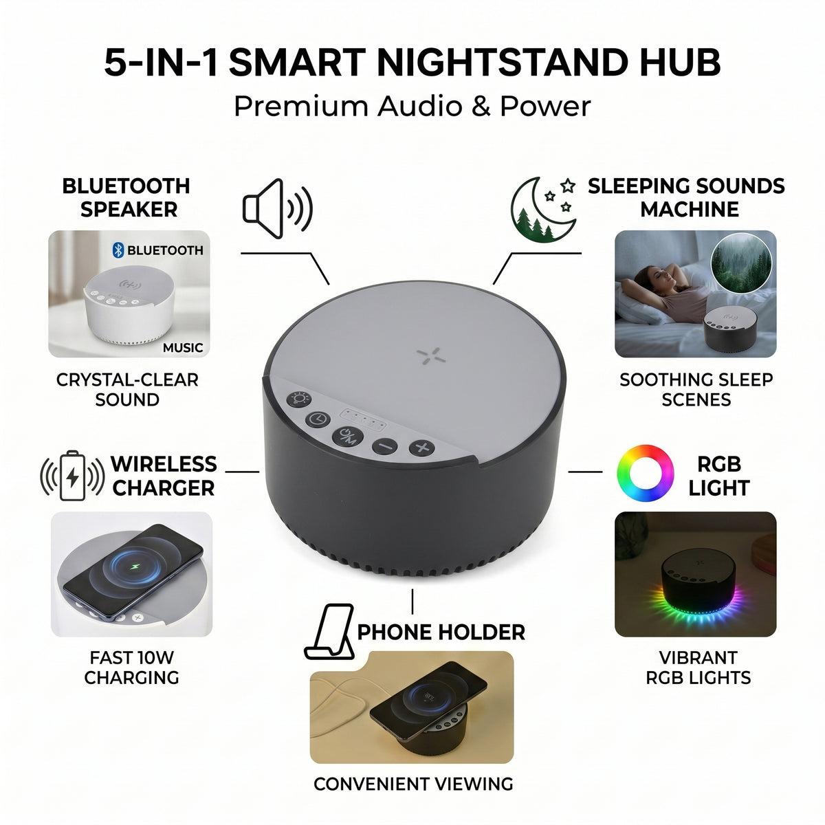 Bliss &amp; Beyond 5-in-1 Wireless Charger Stand with Bluetooth Speaker &amp; RGB Sleep Sound Light - White &amp; Black V32512805 5