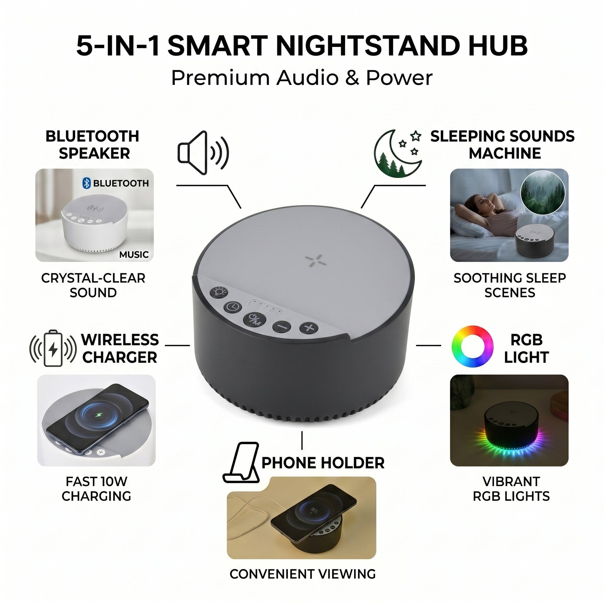 Bliss &amp; Beyond 5-in-1 Wireless Charger Stand with Bluetooth Speaker &amp; RGB Sleep Sound Light - White &amp; Black V32512805 5