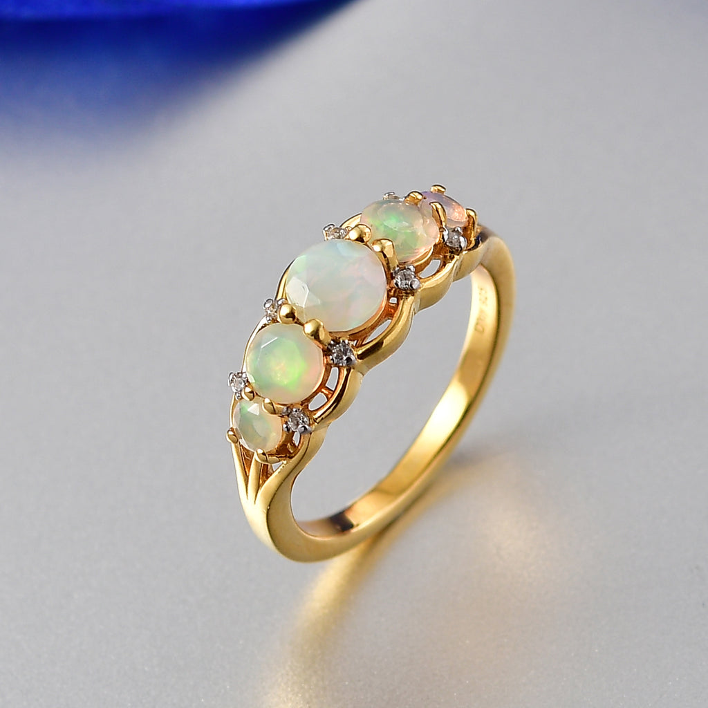 D'Joy Faceted Ethiopian Opal & White Zircon 5 Stone Ring in Yellow Gold Plated Sterling Silver 0.95 Ct._8422536_1