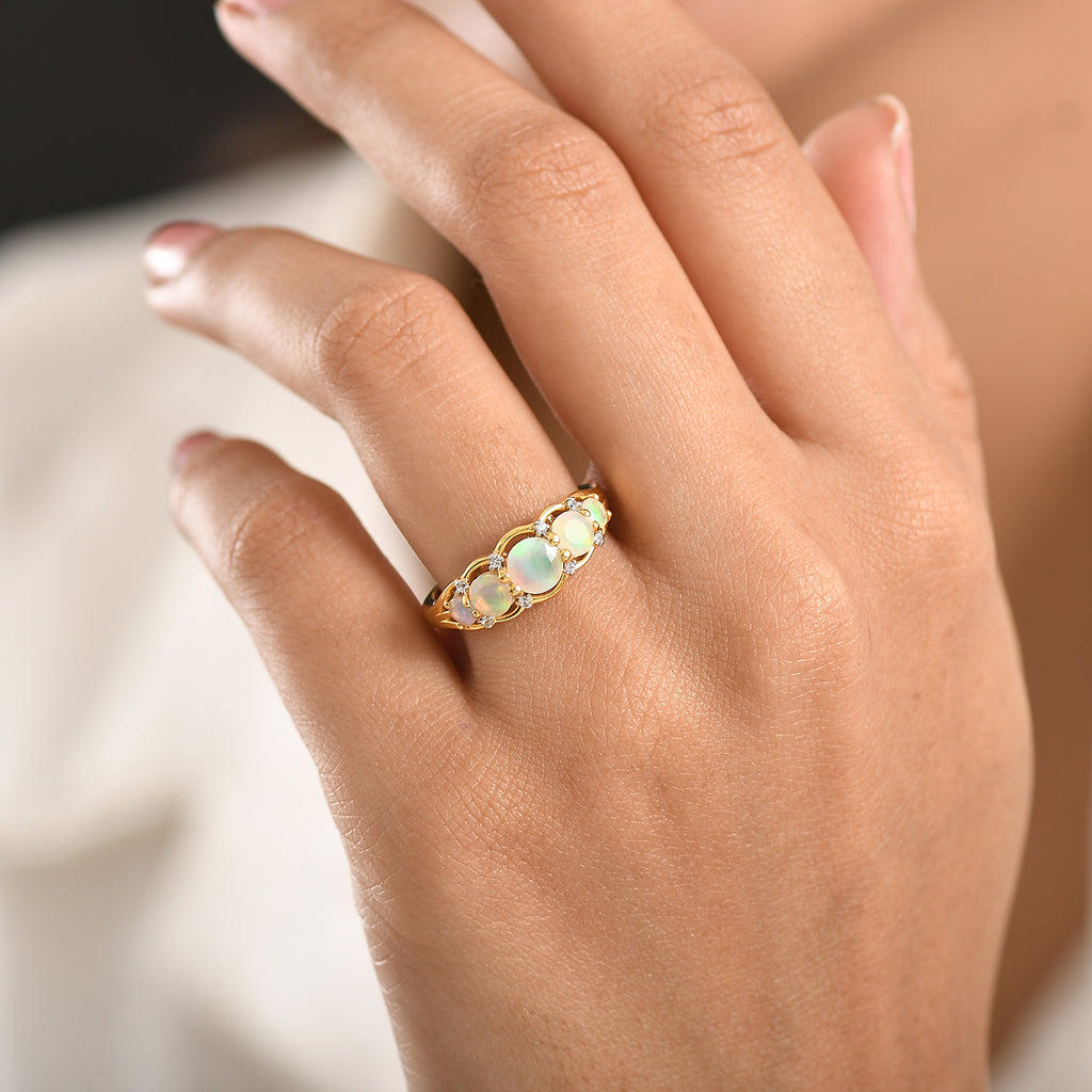 D'Joy Faceted Ethiopian Opal & White Zircon 5 Stone Ring in Yellow Gold Plated Sterling Silver 0.95 Ct._8422536_2