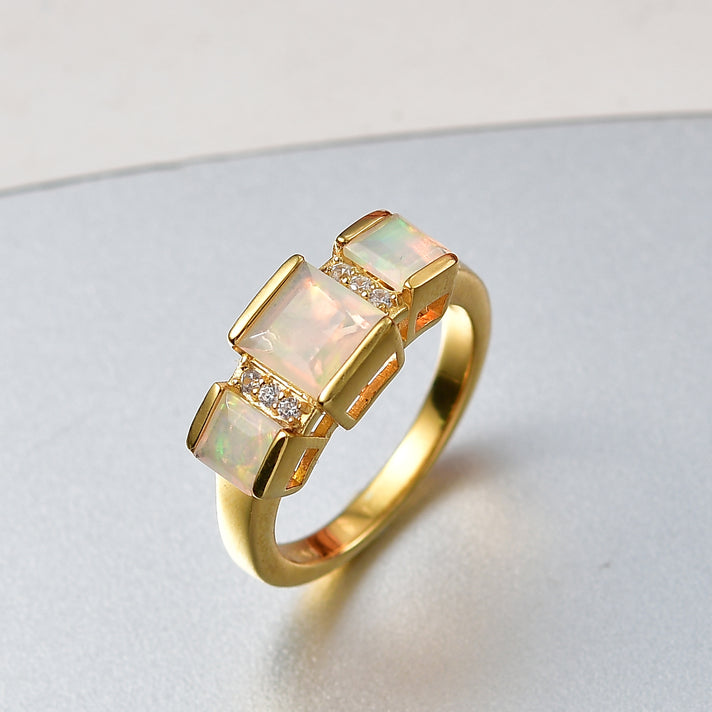 D'Joy Faceted Ethiopian Opal, White Zircon Trilogy Ring in Yellow Gold Plated Sterling Silver 1.23 Ct. 8422584 2