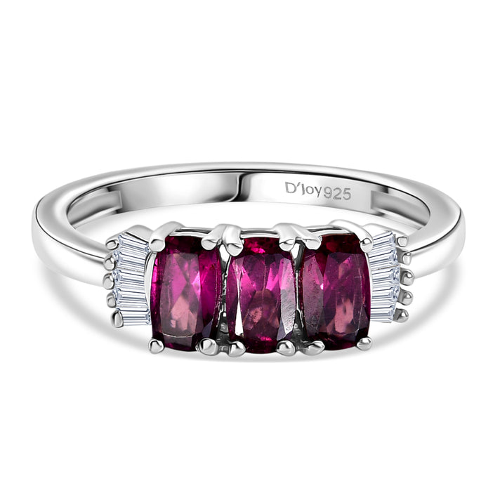 D'Joy Natural Radiant Ember Garnet &amp; White Diamond Trilogy Ring in Rhodium Overlay Sterling Silver 1.17 Ct. 8422940 1